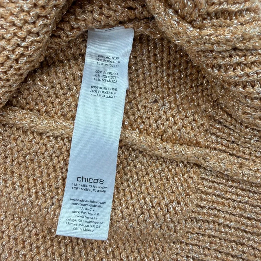 CHICOS Size Large Short Sleeve Sweater Peach Metallic Knit Pointelle Easter Wear